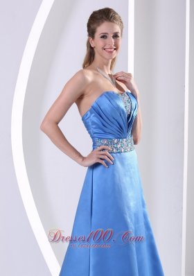 Sky Blue Prom Evening Dress Beading Ruch Sweep Train