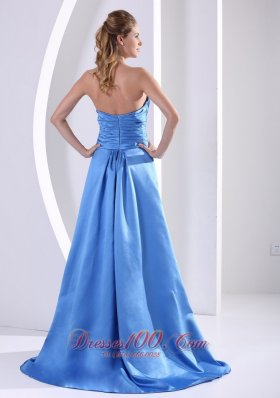 Sky Blue Prom Evening Dress Beading Ruch Sweep Train