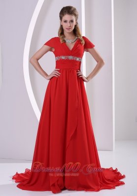Red Beaded Chiffon Mother Of The Bride Dress V-neck