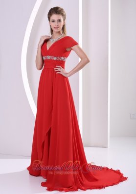 Red Beaded Chiffon Mother Of The Bride Dress V-neck