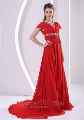 Red Beaded Chiffon Mother Of The Bride Dress V-neck