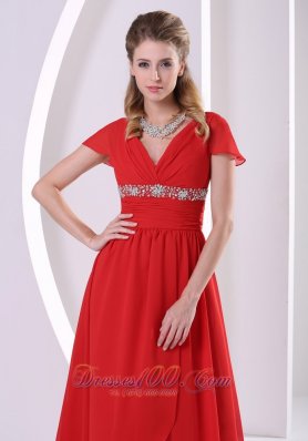 Red Beaded Chiffon Mother Of The Bride Dress V-neck