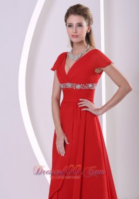 Red Beaded Chiffon Mother Of The Bride Dress V-neck