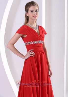 Red Beaded Chiffon Mother Of The Bride Dress V-neck