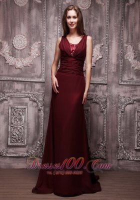 Burgundy Column V-neck Brush Chiffon Prom Evening Dress