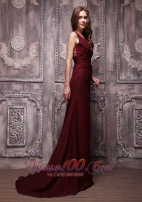 Burgundy Column V-neck Brush Chiffon Prom Evening Dress