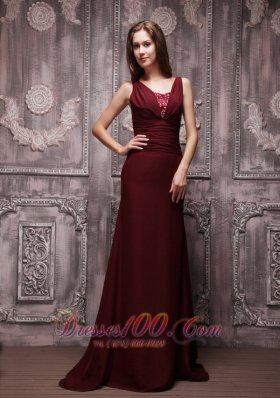 Burgundy Column V-neck Brush Chiffon Prom Evening Dress