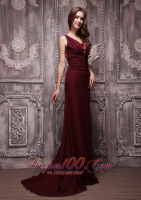 Burgundy Column V-neck Brush Chiffon Prom Evening Dress