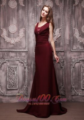 Burgundy Column V-neck Brush Chiffon Prom Evening Dress