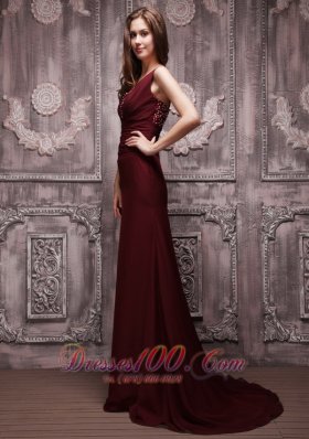 Burgundy Column V-neck Brush Chiffon Prom Evening Dress