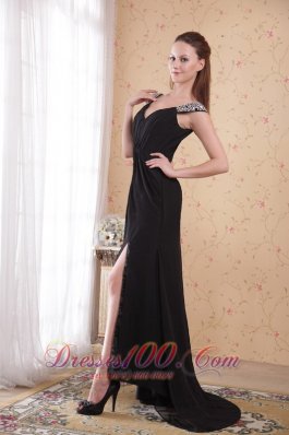 Black Column Sheath V-neck Chiffon Beading Prom Evening Dress