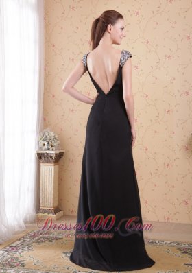 Black Column Sheath V-neck Chiffon Beading Prom Evening Dress