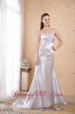 Grey Column Strapless Satin Appliques Ruch Prom Dress