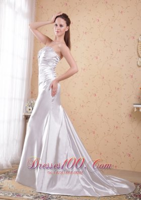 Grey Column Strapless Satin Appliques Ruch Prom Dress