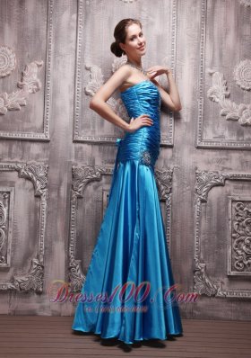 Blue Column Sweetheart Taffeta Beading Ruch Prom Evening Dress