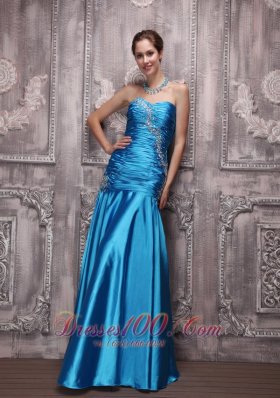 Blue Column Sweetheart Taffeta Beading Ruch Prom Evening Dress