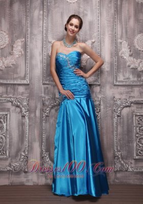 Blue Column Sweetheart Taffeta Beading Ruch Prom Evening Dress