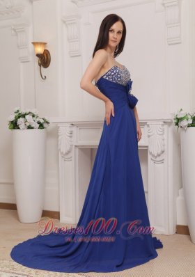 Blue Empire Sweetheart Court Train Chiffon Beading Prom Evening Dress