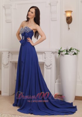 Blue Empire Sweetheart Court Train Chiffon Beading Prom Evening Dress