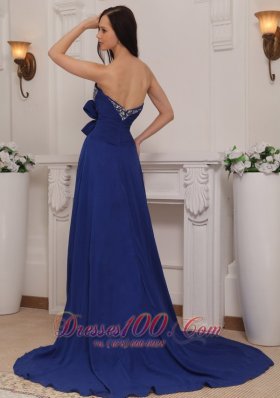 Blue Empire Sweetheart Court Train Chiffon Beading Prom Evening Dress