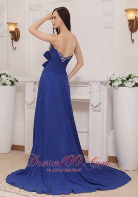 Blue Empire Sweetheart Court Train Chiffon Beading Prom Evening Dress