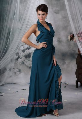 Halter High Slit Teal Chiffon Prom Evening Dress