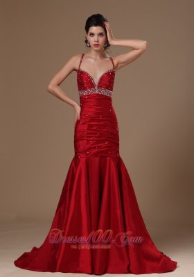 Wind Red Mermaid Sweep Beaded Prom Celebrity Gown