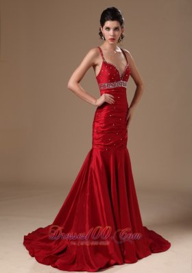 Wind Red Mermaid Sweep Beaded Prom Celebrity Gown