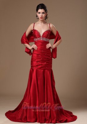 Wind Red Mermaid Sweep Beaded Prom Celebrity Gown