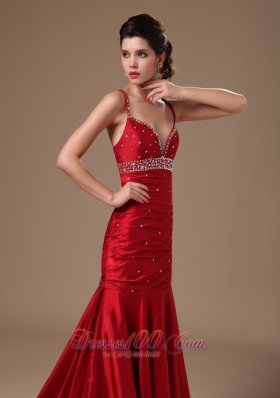 Wind Red Mermaid Sweep Beaded Prom Celebrity Gown