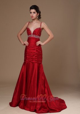 Wind Red Mermaid Sweep Beaded Prom Celebrity Gown