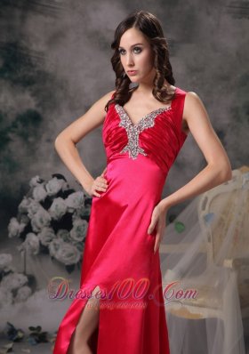 Elastic Woven Coral red Column V-neck Evening Dress