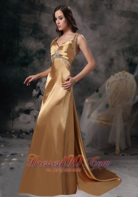 Formal Gold Beading Brush Train Prom Evening Dress