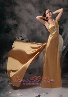 Formal Gold Beading Brush Train Prom Evening Dress