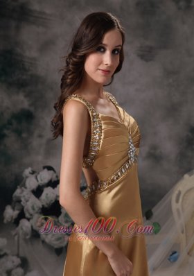 Formal Gold Beading Brush Train Prom Evening Dress