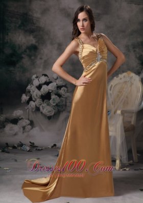 Formal Gold Beading Brush Train Prom Evening Dress