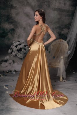 Formal Gold Beading Brush Train Prom Evening Dress