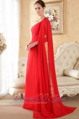 One Shoulder Red Watteau Train Chiffon Beading Prom Dress