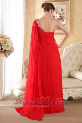 One Shoulder Red Watteau Train Chiffon Beading Prom Dress