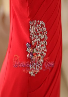 One Shoulder Red Watteau Train Chiffon Beading Prom Dress