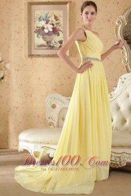 One Shoulder Yellow Column Brush Train Evening Dress