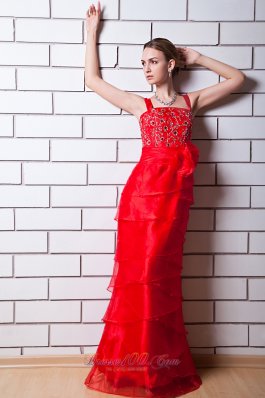 Function Red Column Layered Beading Prom Evening Dress