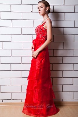 Function Red Column Layered Beading Prom Evening Dress