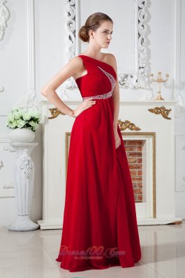 Red Empire One Shoulder Brush Train Beading Prom Dress