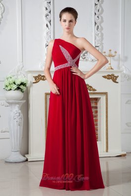 Red Empire One Shoulder Brush Train Beading Prom Dress