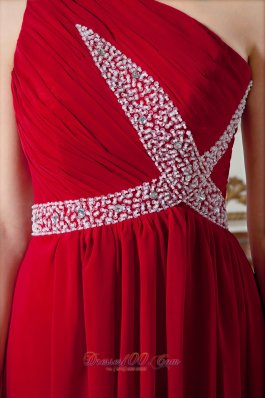 Red Empire One Shoulder Brush Train Beading Prom Dress