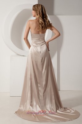 Elastic Champagne Column Halter Court Train Evening Dress