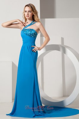 Fashionable Blue One Shoulder Brush Train Beading Prom