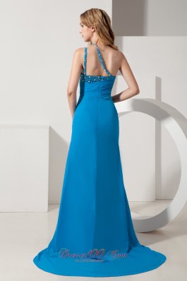 Fashionable Blue One Shoulder Brush Train Beading Prom