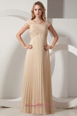 Discount Champagne Column Pleat Chiffon Maxi Dress